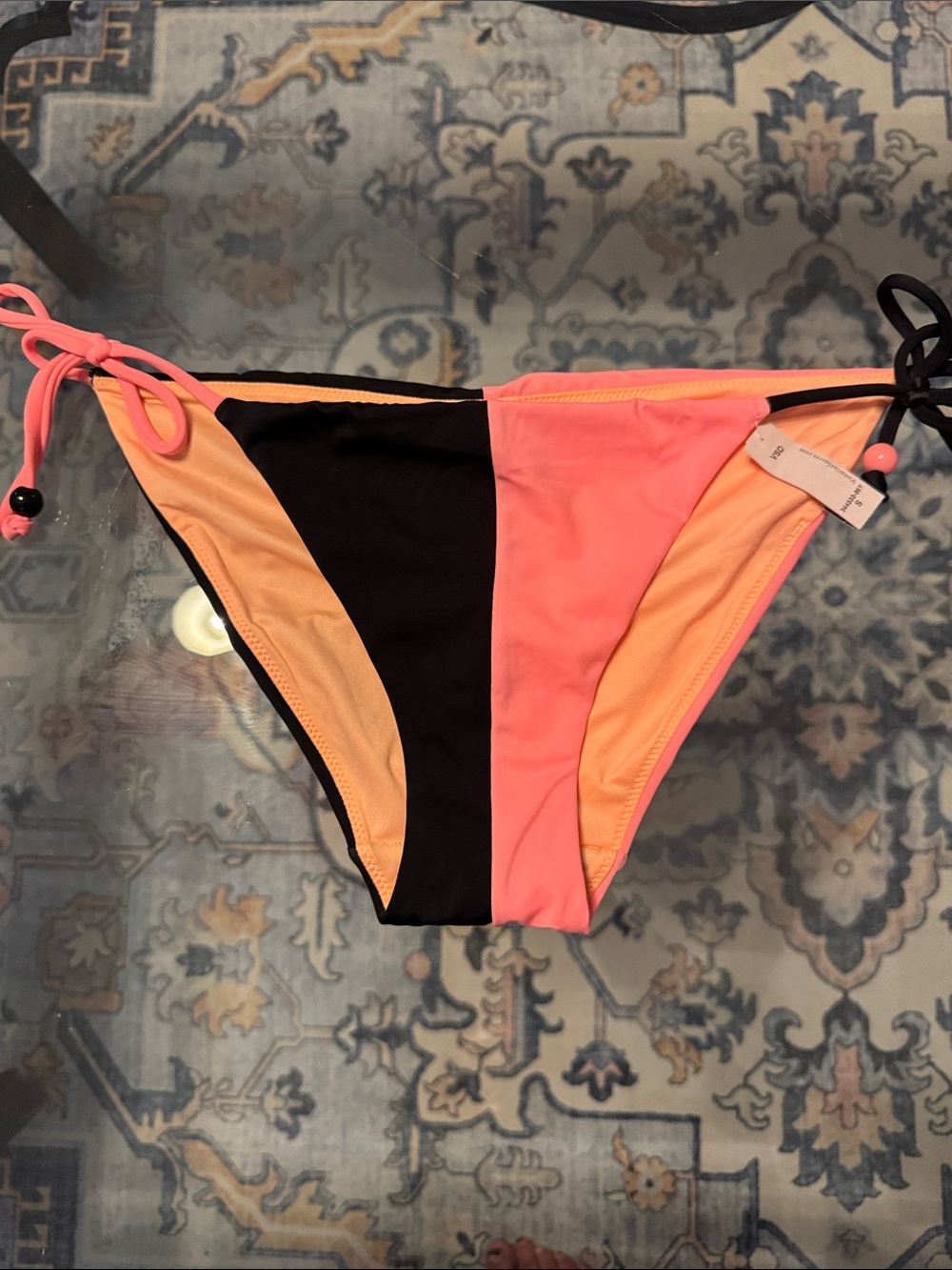 Victoria's Secret Black, Coral & Peach Colorblock Tie-Side Bikini Bottom
